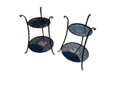 Pair of metal decorative black and butterfly design two tier tables, 71cm H