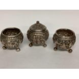 Three Indian/Burmese white metal salts, one with pierced lid. 160g