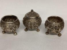 Three Indian/Burmese white metal salts, one with pierced lid. 160g