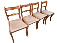 A set of 4 modern dining chairs with drop in brown upholstered seats , and A brown leather topped