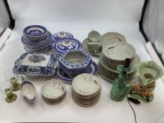 A Willow pattern dining service together with a Japanese Nunome dining service and other items