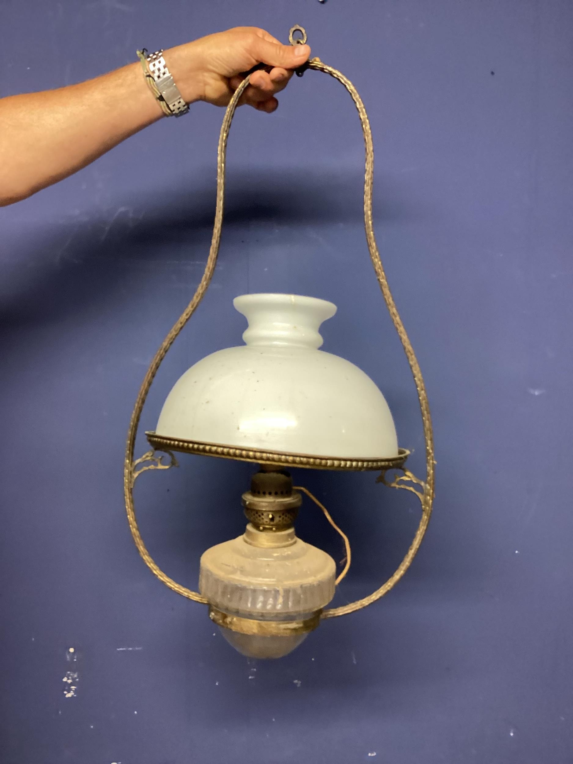 Three rounded glass and metal hanging ceiling lanterns, one with milk glass shade - Image 8 of 17