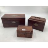 Three 19th century mahogany tea caddies with fitted interiors.