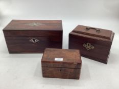 Three 19th century mahogany tea caddies with fitted interiors.