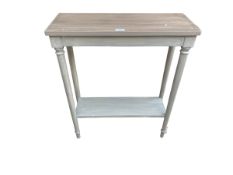 A modern, grey painted small narrow side table with shelf under , 60cm L x 23 cm W x 71cm H