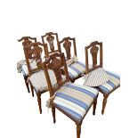 A set of 6 elm French chairs with striped and brass buttoned upholstery to seat, on reeded tapered