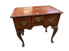 C19th mahogany low boy, three drawers, on currved supports, 71cmh x 45cmd x 70cm h