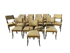 A set of 15 (including 2 carvers), good reproduction gilt and ebonised upholstered dining chairs
