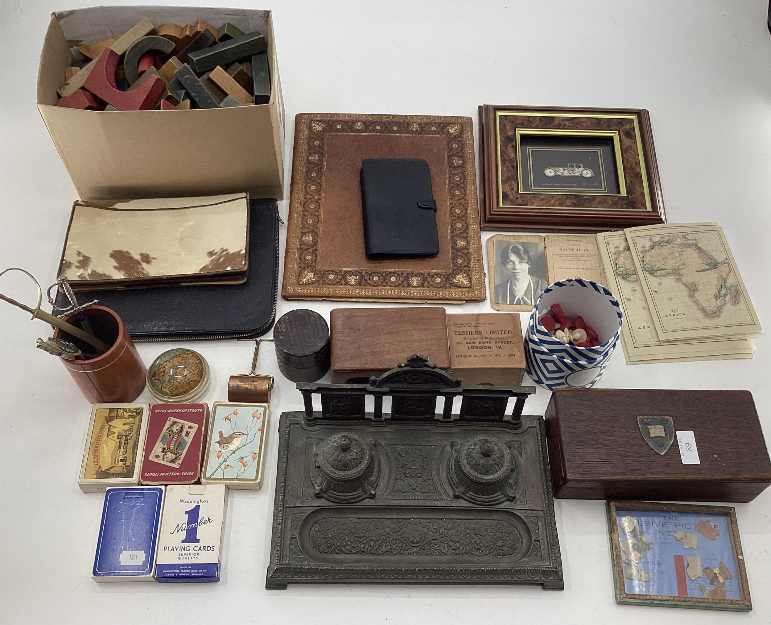 A collection of mixed collectables Building blocks , desk inkwell and other items.