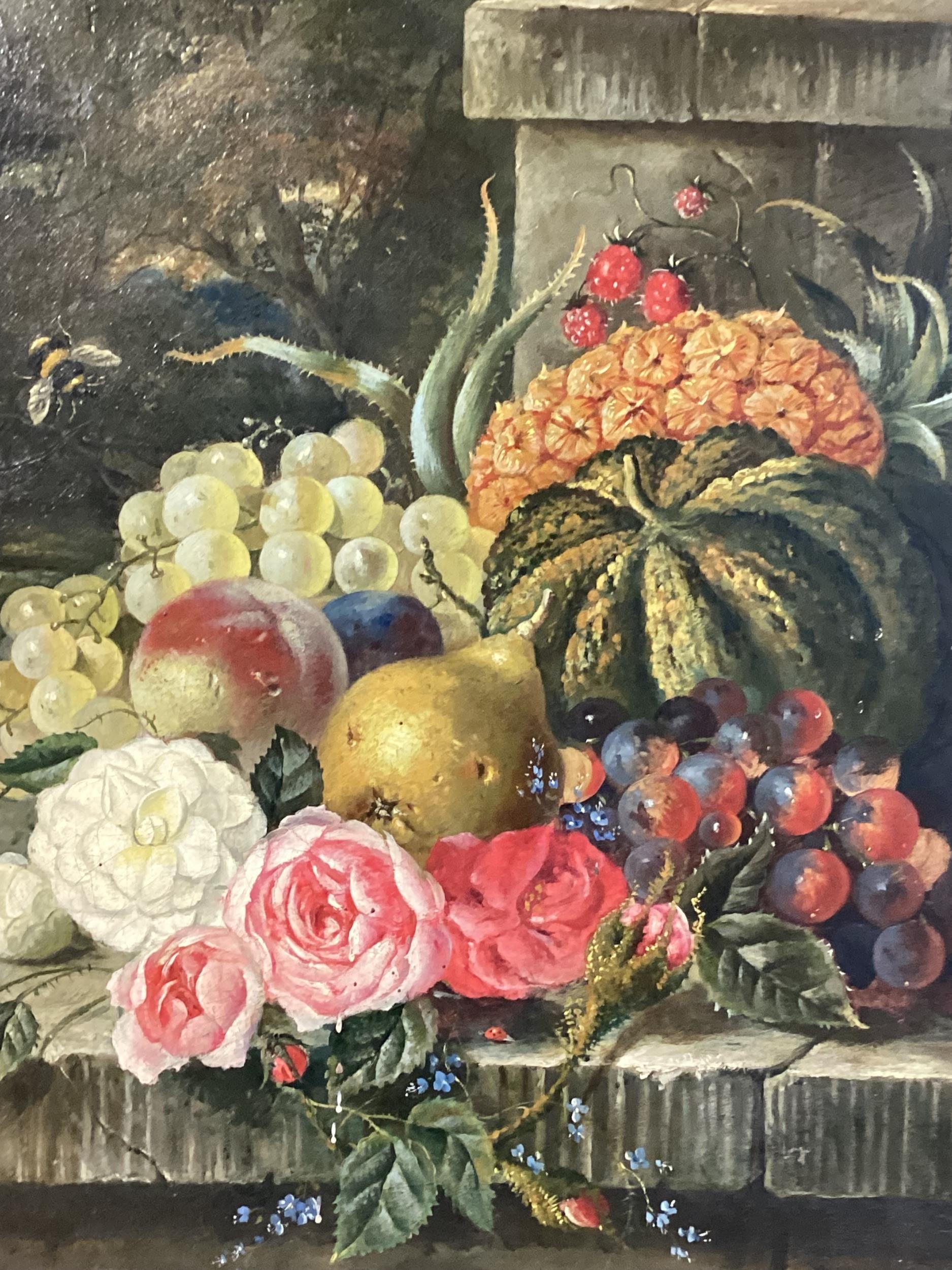 Late C19th oil on canvas still life of flowers, fruit and butterflies, in classical landscape, in - Image 7 of 7