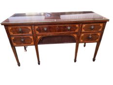 A good Regency mahogany and satin wood inlaid side board, with tambour front and 4 fitted drawers;