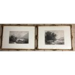 A pair of gilt glazed framed black and white etchings of lakeland scenes, some damage to frame