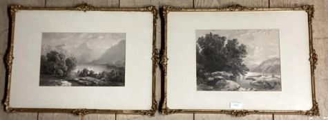A pair of gilt glazed framed black and white etchings of lakeland scenes, some damage to frame