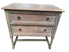 Lime washed two drawer chest , on barley twist legs to stretcher base, 76cmW x 75cmW (glued crack to