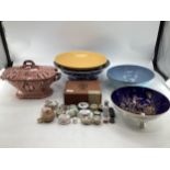 A collection of enamel pill boxes by Bilston , Halcyon and others together with a tureen (AF) a