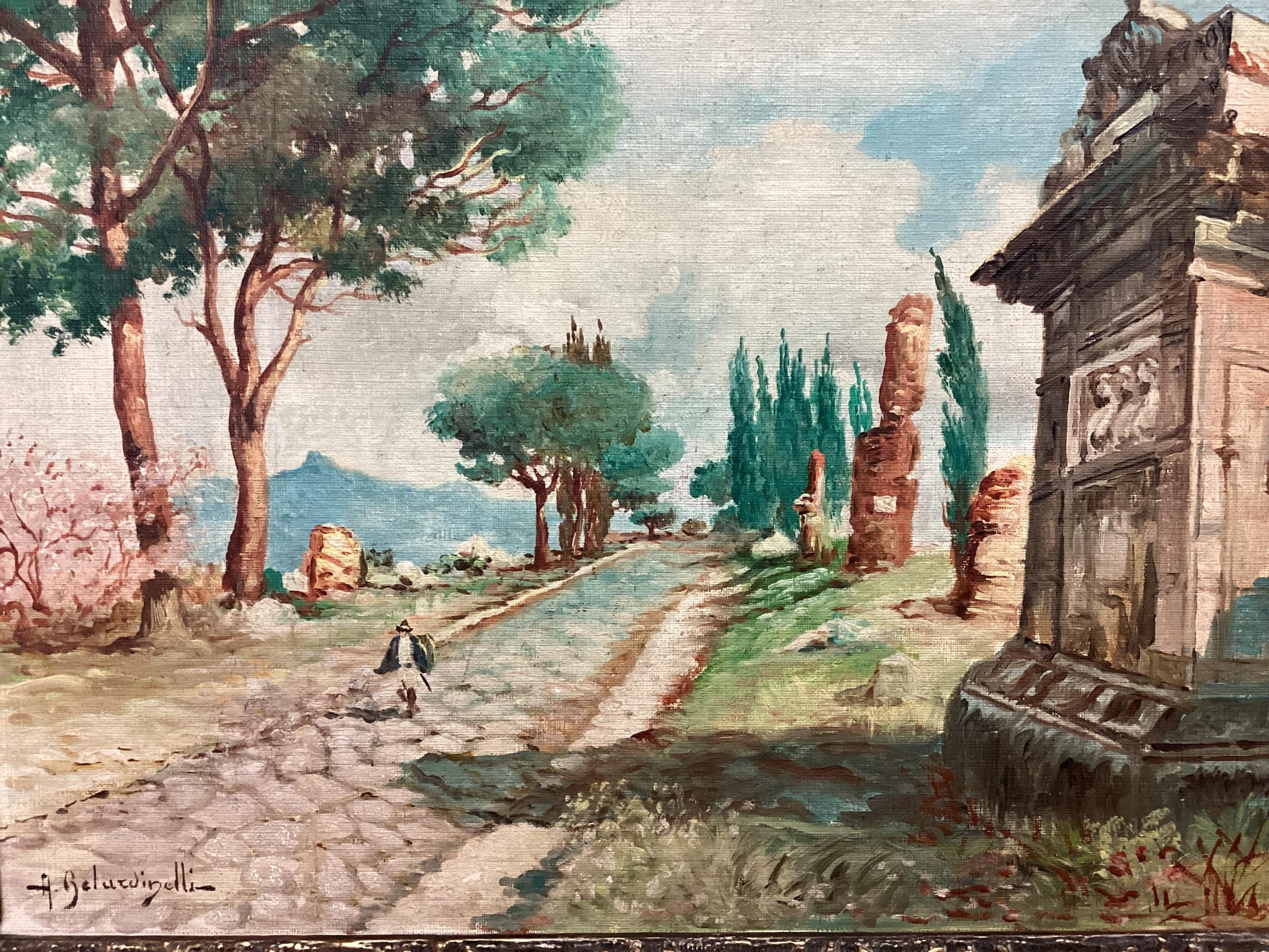 A BELURDINELLI, Italian, Set of three, oil on boards of an Italian garden and Italian city - Image 7 of 8