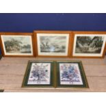 Three decorative coloured prints of hunting scenes in glazed maple frames, 33 x 44 ; and two