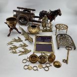 A collection of brass items together with a Beswick style horse and cart.