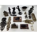 A mixed collection of metalware to include a pair of bronze putto, a bronze Oriental stylised dragon