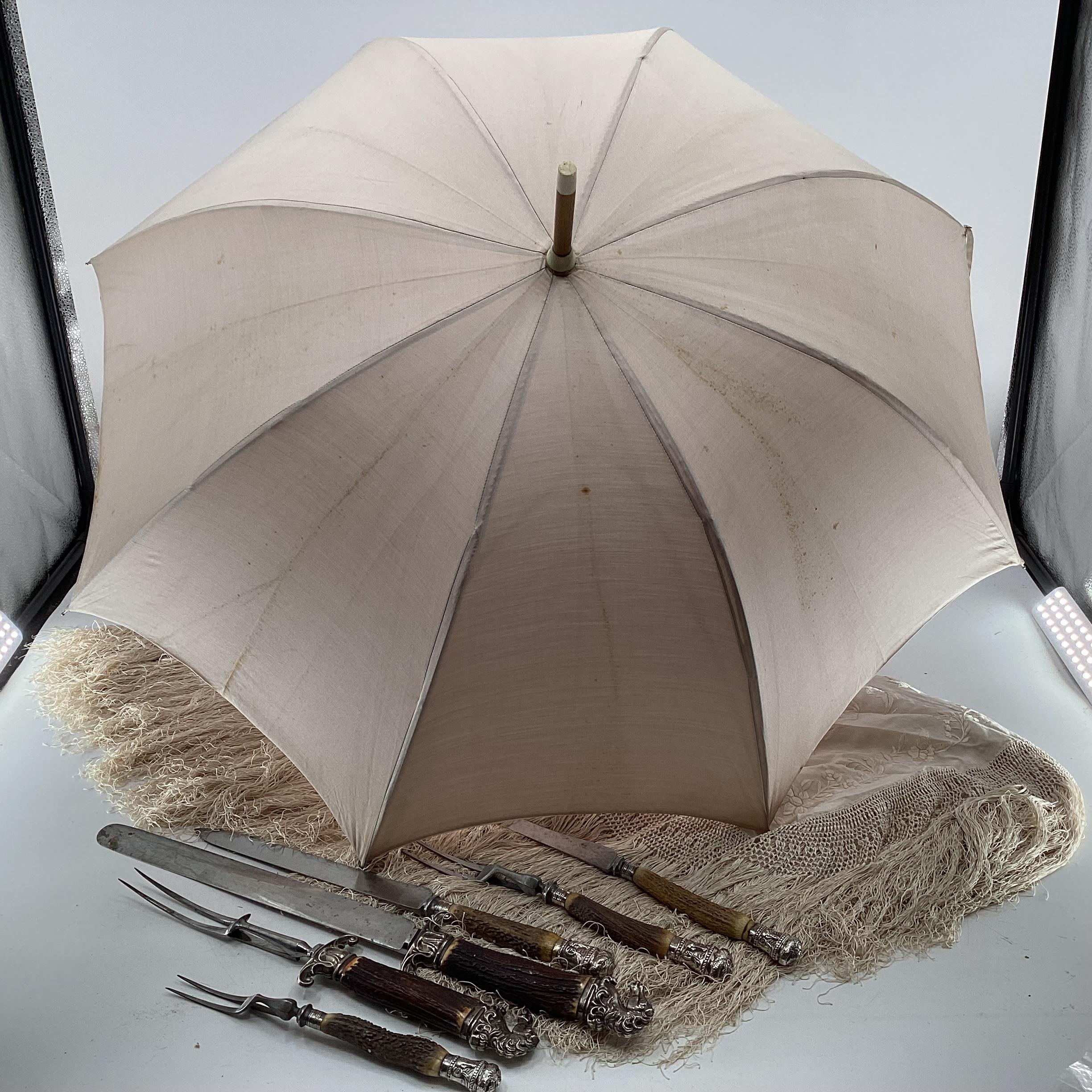 A parasol with bamboo shaft and silk cover, with hallmarked silver collar; and a cream silk - Image 15 of 16