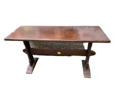 C19th/earlyC20th small oak refrectory style narrow table, two feet with peg supports, 13cmw x