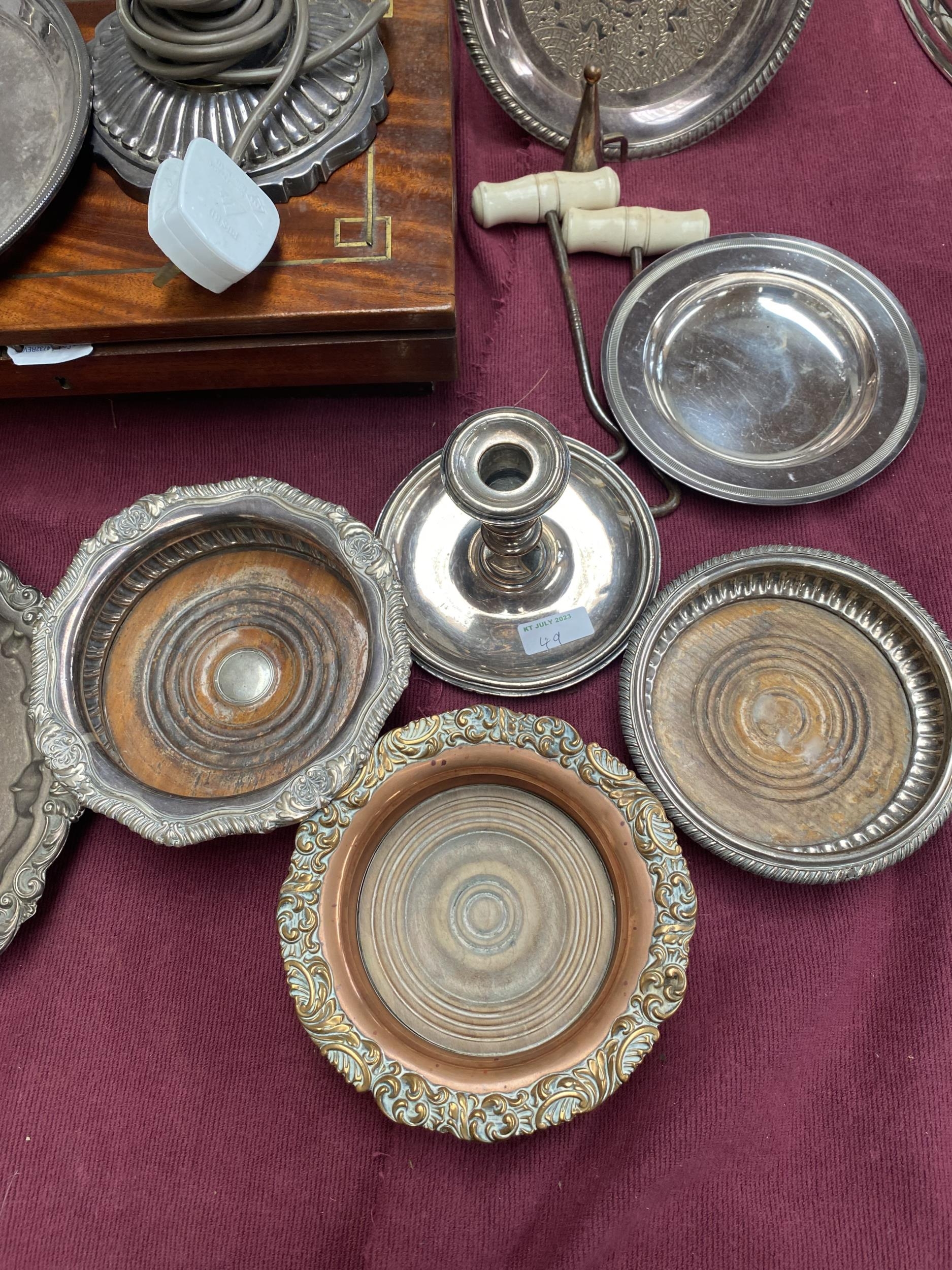 A collection of silver plate to include a column lamp, go to bed , wine coasters etc. - Image 3 of 8