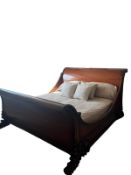 A John Lewis Queen size bed, with cream linen buttoned upholstered head board and black legs, with a