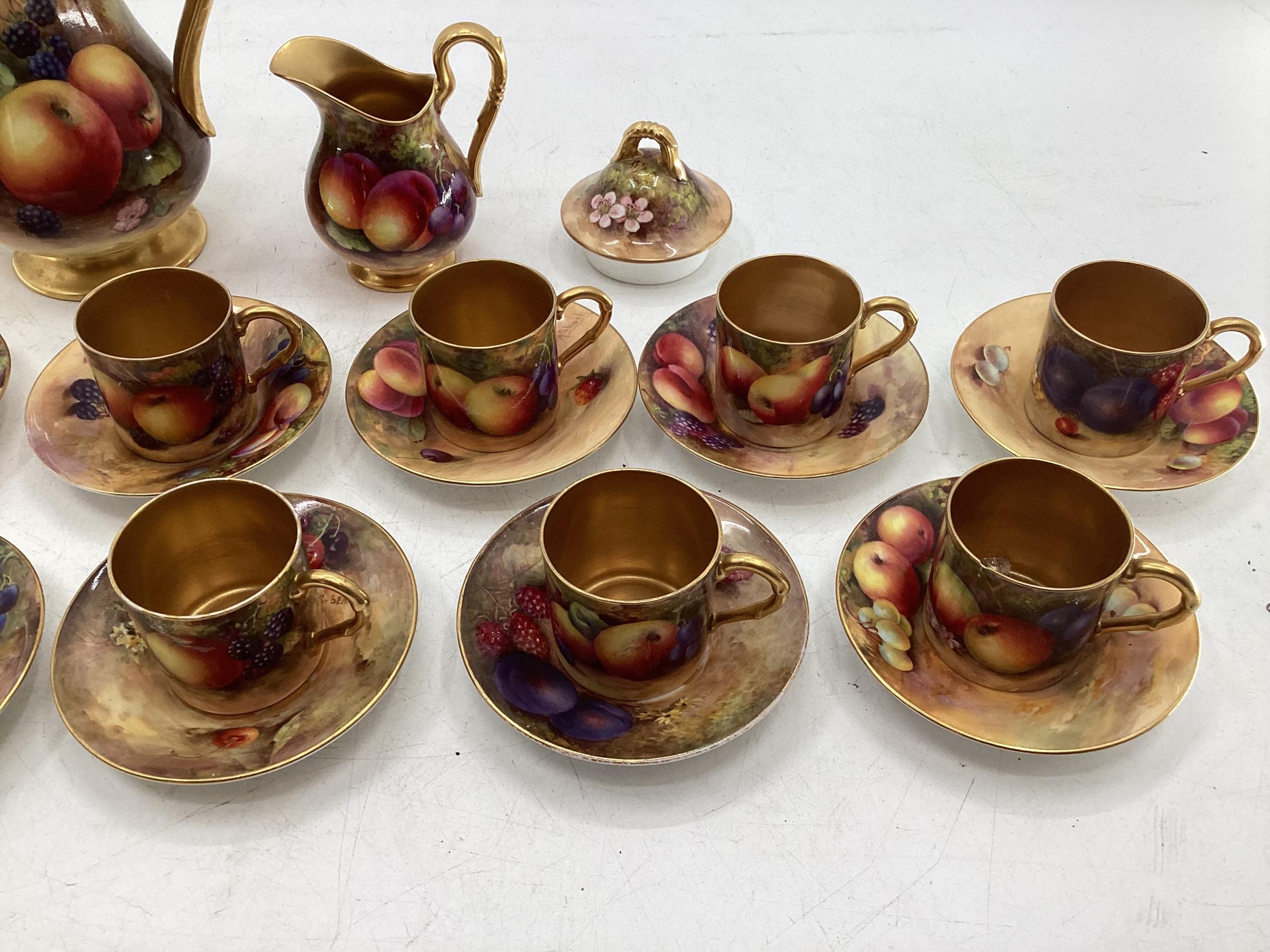 A Royal Worcester part Coffee Service, painted fruits and fauna, to include milk jug, Coffee Pot, - Image 3 of 26