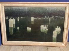 ROBERT BALL, abstract oil on canvas of chimney pots, signed lower right, in cream wooden frame,