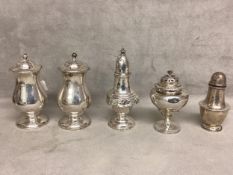 A collection of sterling silver pepperettes various dates and makers. Gross 318g