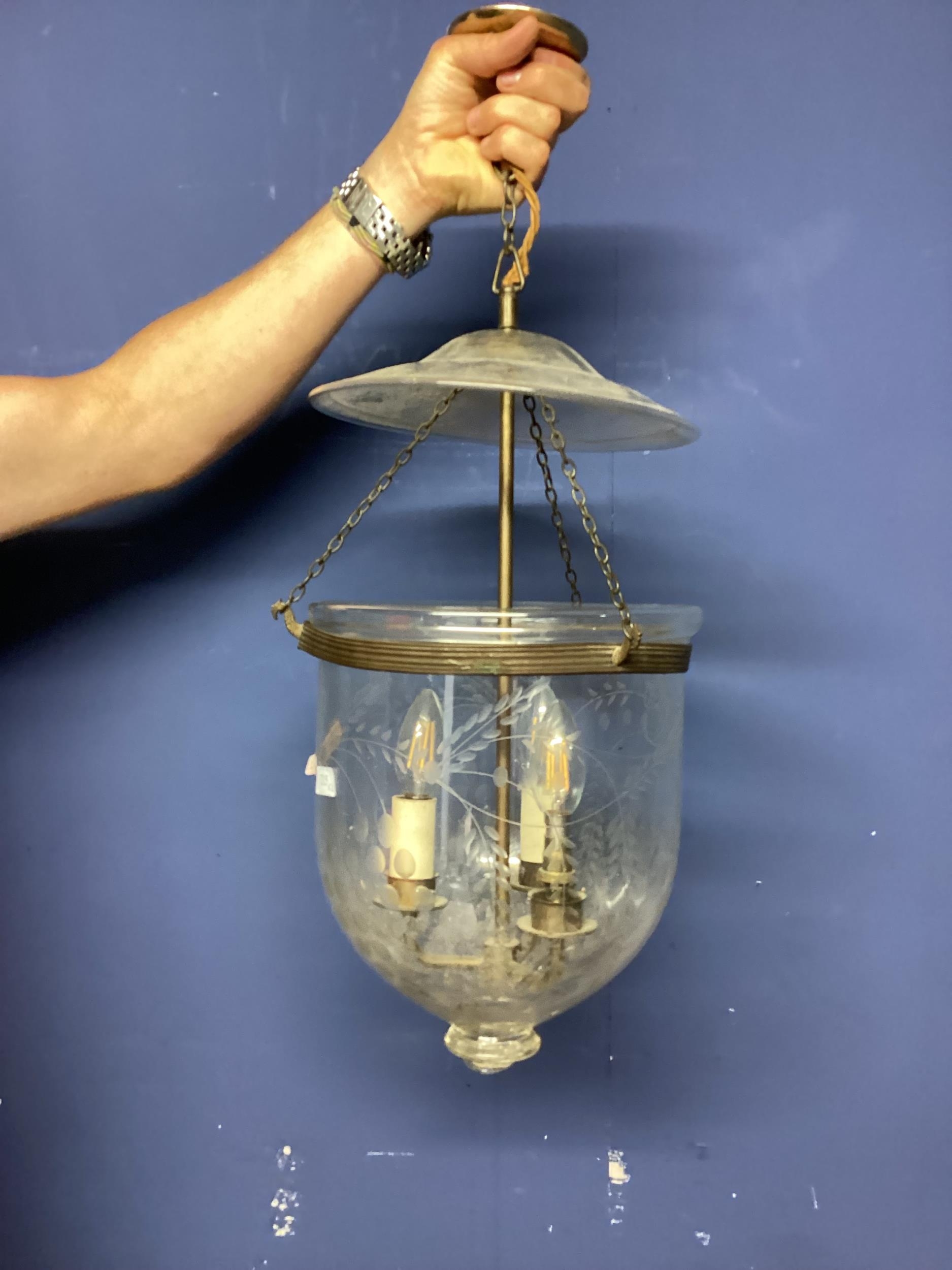 Three rounded glass and metal hanging ceiling lanterns, one with milk glass shade - Image 10 of 17