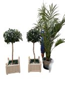 Pair of grey painted planters each with a good faux bay tree and another faux house plant