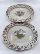 Pair of large Victorian ceramic Staffordshire meat plates with wavey edge and floral decoration 53cm