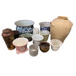 A quantity of decorative planters, pots and glass, garden urns, garden pots etc