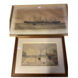 A coloured etching print of the Great Eastern Steam Ship, and a Jack Goddard C20th watercolour