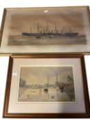 A coloured etching print of the Great Eastern Steam Ship, and a Jack Goddard C20th watercolour