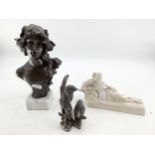 Modern decorative pieces to include a small bust of a lady on marble plinth, a stone style carving
