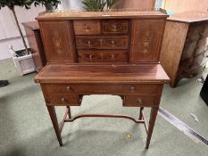 Edwardian inlaid rosewood writing table with brass galleried top for restoration 84 cm W x 41 cm D x