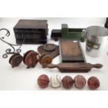 Quantity of vintage items to include wooden fishing reels, hard cricket balls, wooden truck, mounted