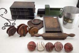 Quantity of vintage items to include wooden fishing reels, hard cricket balls, wooden truck, mounted