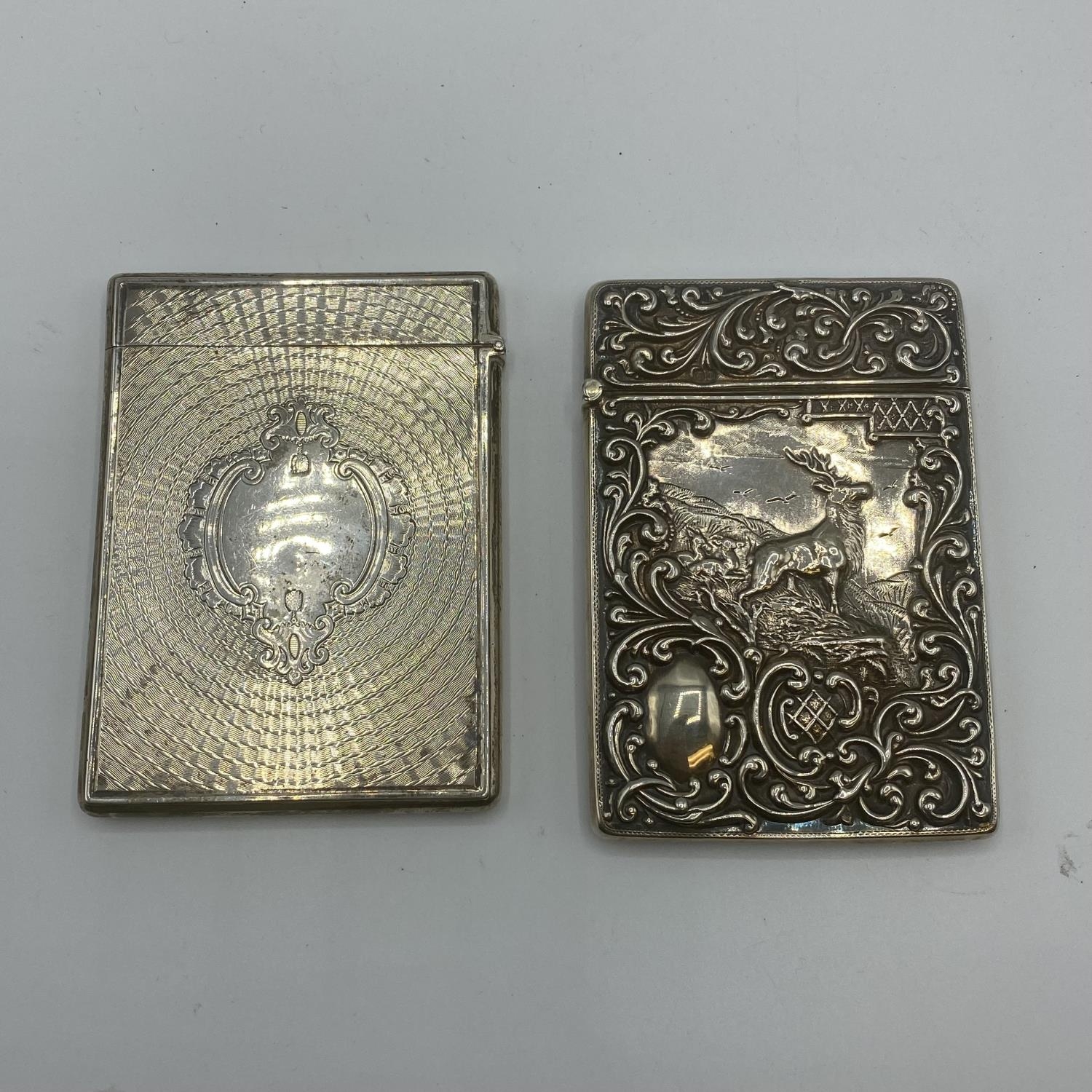 Two sterling silver card cases, one with a stag in a landscape, vacant cartouche, scrolling surround - Image 2 of 10