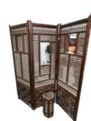 A North African three fold room divider screen with two windows and a central fitted lantern 180 cm,