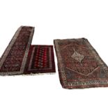 A small Persian red ground rug and 2 runners, all as found , see images