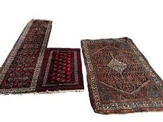 A small Persian red ground rug and 2 runners, all as found , see images