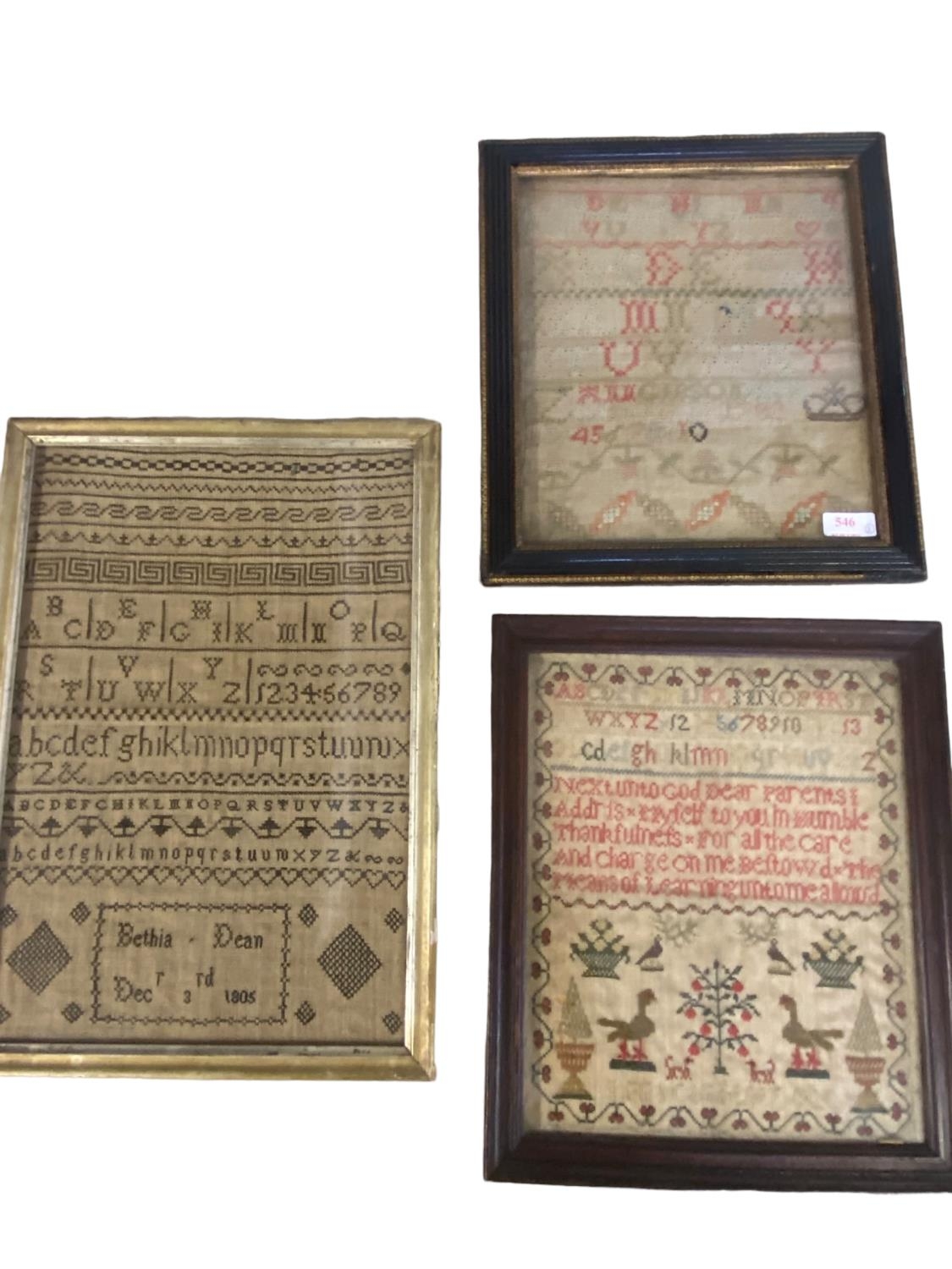 3 framed and glazed needlework samplers one dated 1782 28 cm x 24 cm one dated 1805 Bethia Dean 40