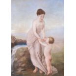Late C19th/early C20th, oil on canvas, of mother and child at bath, Indistinctly signed ?Micelay,