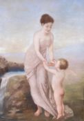 Late C19th/early C20th, oil on canvas, of mother and child at bath, Indistinctly signed ?Micelay,