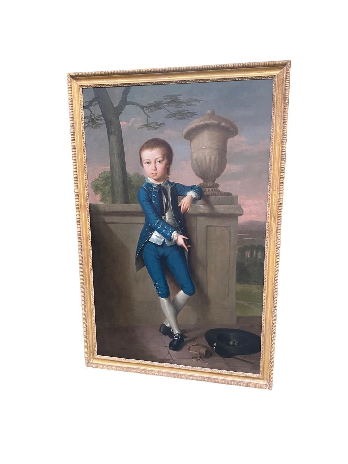Attributed to Hugh Barron (1745 - 1791), Portrait of a Boy in Blue in an architectural Landscape, - Image 9 of 10