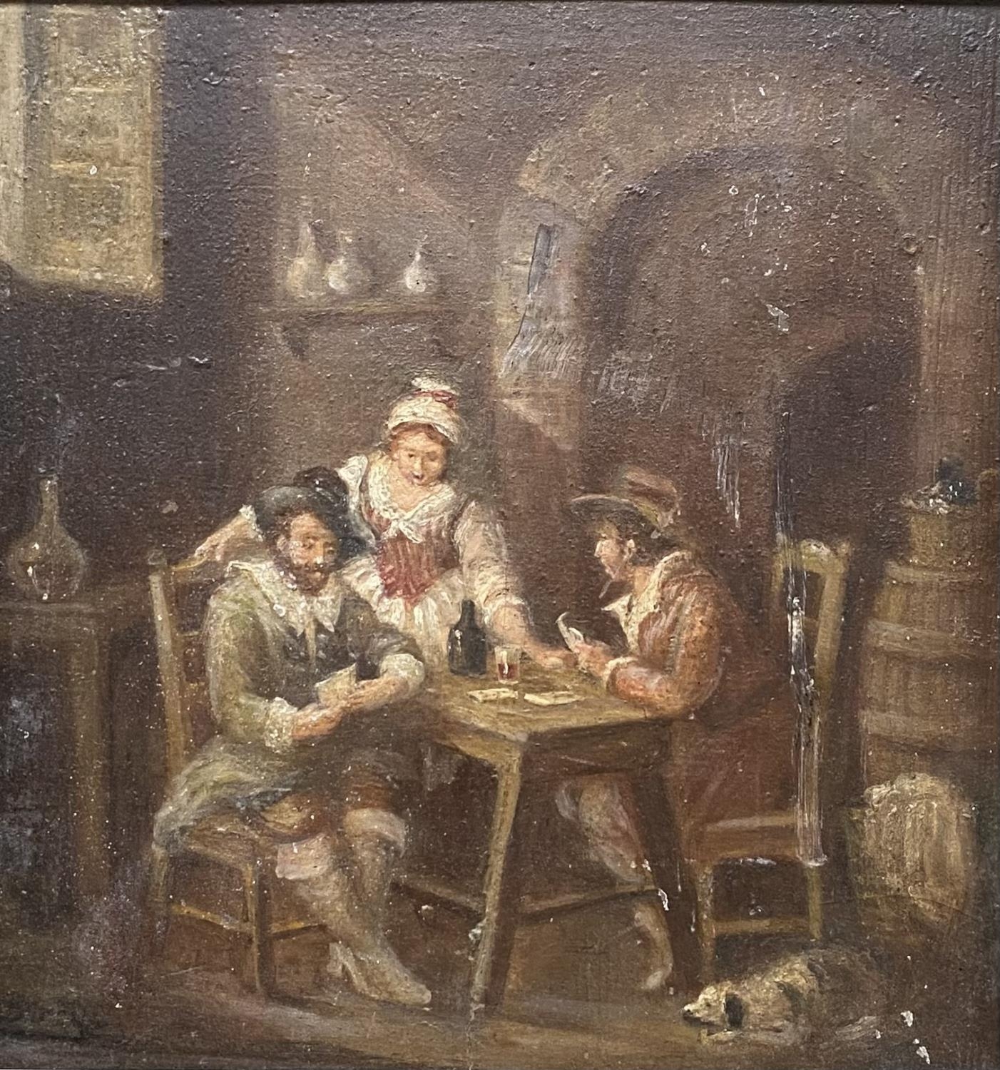 C19th oil on board of an interior tavern scene, in a unglazed gilt frame, 27 x 26cm