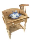 Pine washstand with fitted Minton Blue and white wash jug and bowl, approx. 74cm W x 74cm H